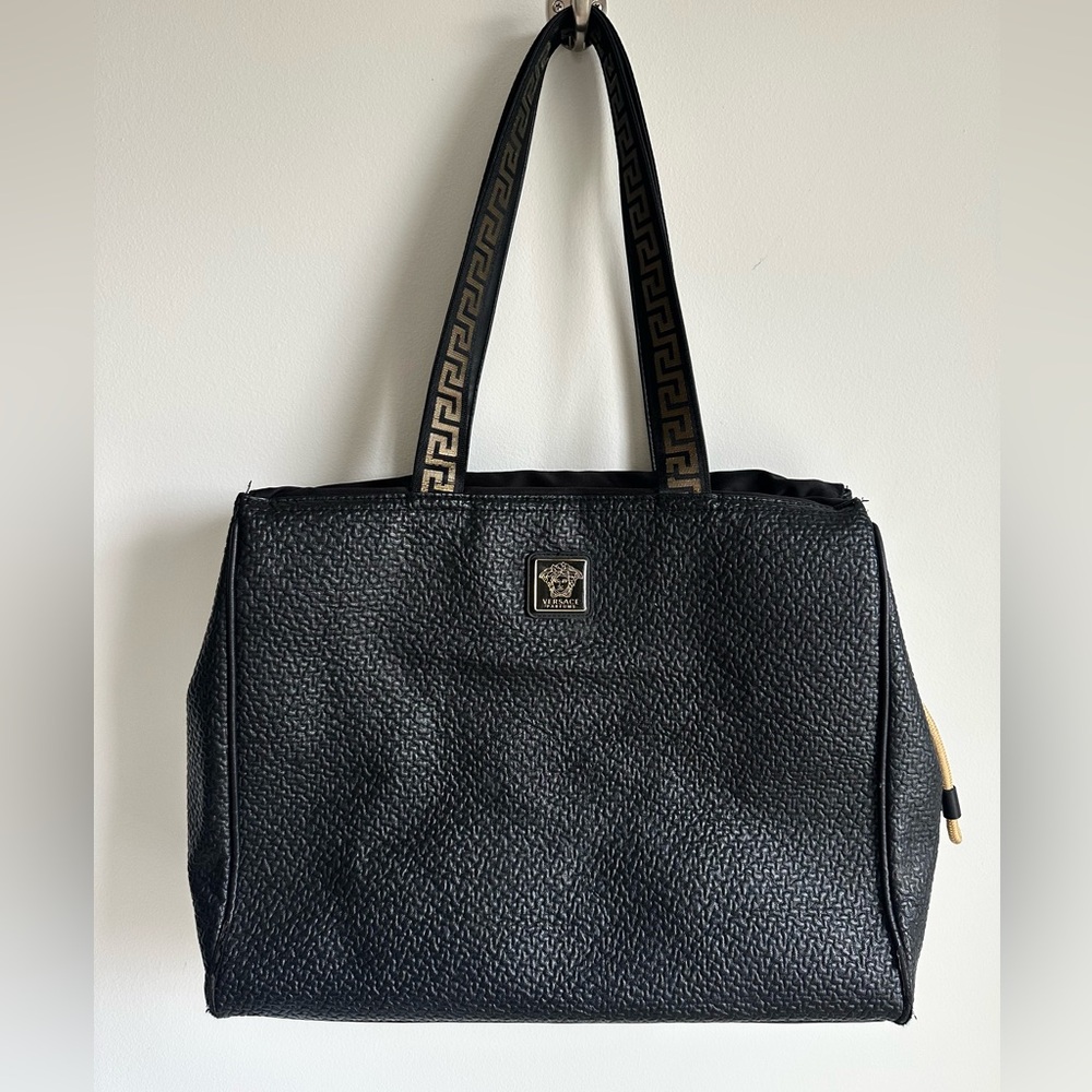 Versace Tote Bag Faux Leather Holdall Weekender Black Metallic Gold Medusa